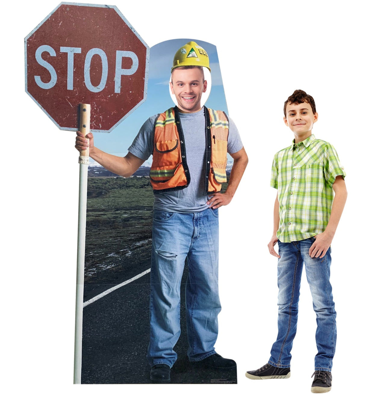 Life-Size Construction Worker Stop Sign Stand-In - All Cutouts
