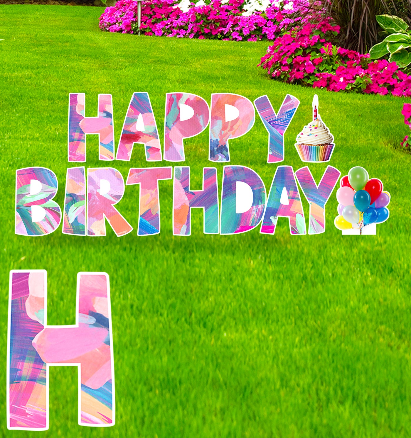 Happy Birthday Flower Coroplast Outdoor Yard Sign - All Cutouts
