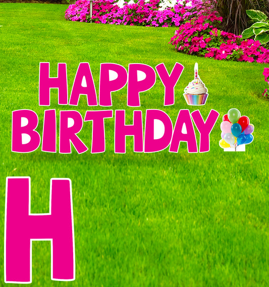 Happy Birthday Pink Coroplast Outdoor Yard Sign - All Cutouts