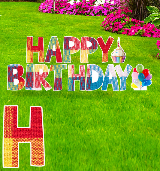Happy Birthday Plaid Coroplast Outdoor Yard Sign - All Cutouts