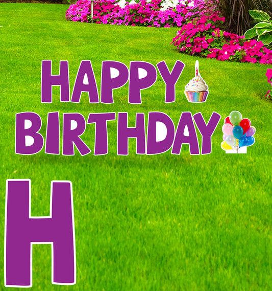 Happy Birthday Purple Coroplast Outdoor Yard Sign - All Cutouts