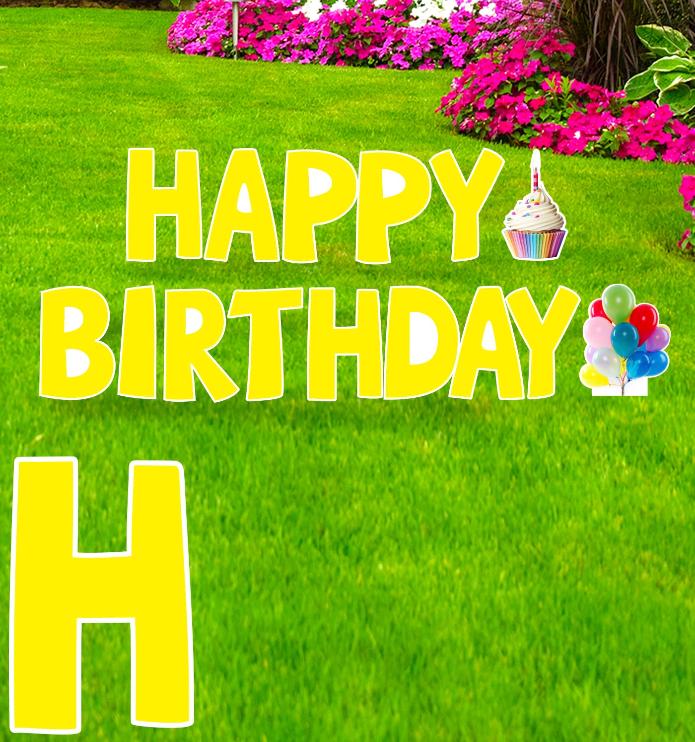 Happy Birthday Yellow Coroplast Outdoor Yard Sign - All Cutouts