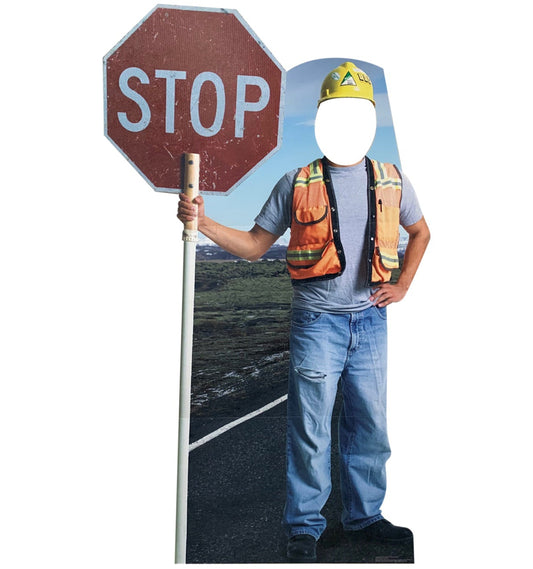 Life-Size Construction Worker Stop Sign Stand-In - All Cutouts