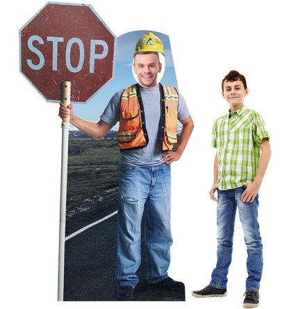Life-Size Construction Worker Stop Sign Stand-In - All Cutouts