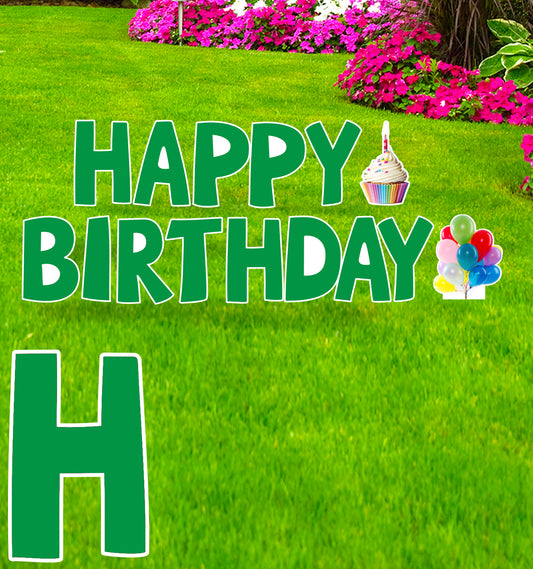 Happy Birthday Green Coroplast Outdoor Yard Sign - All Cutouts